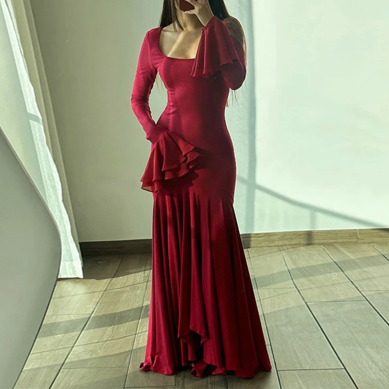 Fashion Square Neck Flared Sleeve Long Dress Women Elegant Hight Waist Solid Party Dress Sexy  Ruffled Hem Slim Evening Dresses