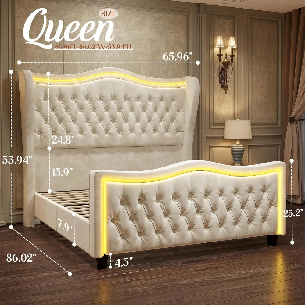 Bed Frame with LED Lights, Bed with Deep Button Tufted Headboard, Queen Size Bed Frame