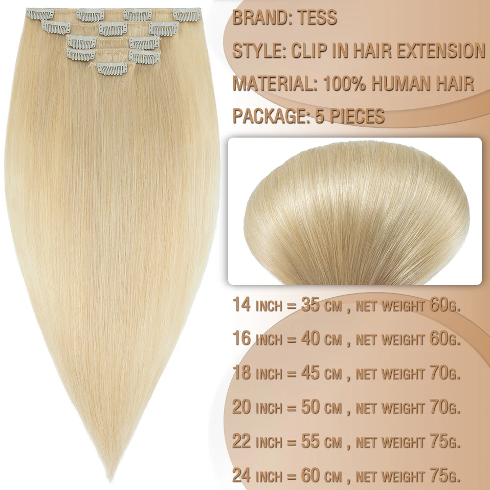 TESS 5 pz/set capelli umani Clip da 20 pollici nelle estensioni dei capelli estensione naturale Clip di capelli umani biondi a testa piena Ins pezzi di capelli Remy