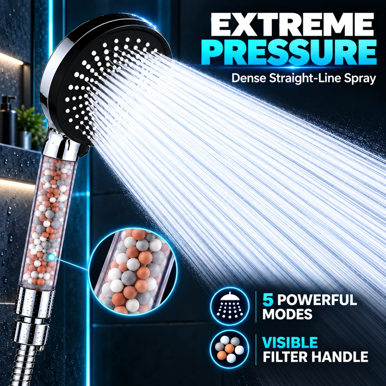 Handheld Shower Head 5-speed Adjustment Filter Booster Negative Ion Hard Water Softening Bathroom Shower Set