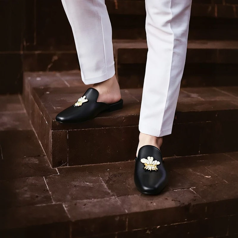 Piergitar Summer New Style Black Genuine Leather Men's Mules With Handmade Customized Patterns Patch Slip-On Slippers Red Sole view 3