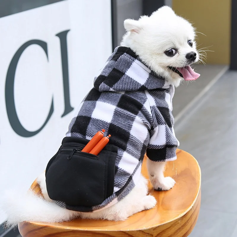 Autumn Winter Dog Hoodie for Small Medium Dogs Hooded Sweatshirt with Pocket Plaid Pet Clothes Sweater Casual Puppy Cat Hoodies