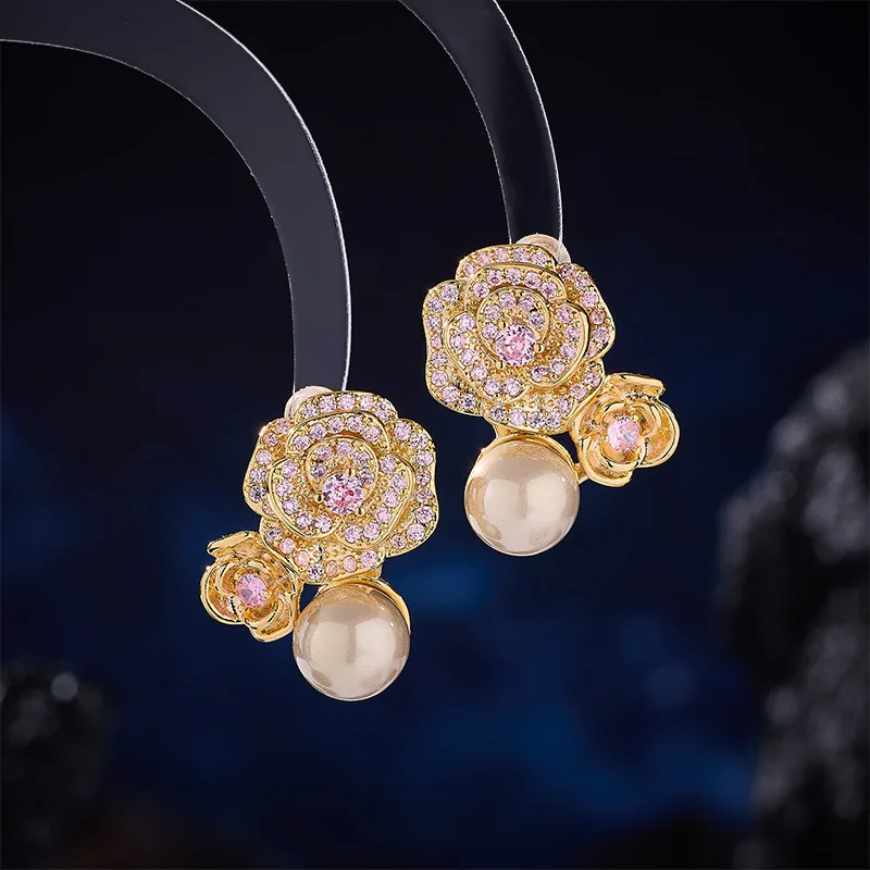 FXLRY Elegant French-style Cubic Zirconia Camellia Pearl S925 Silver Needle Earrings Wedding Brides Accessories Jewelry