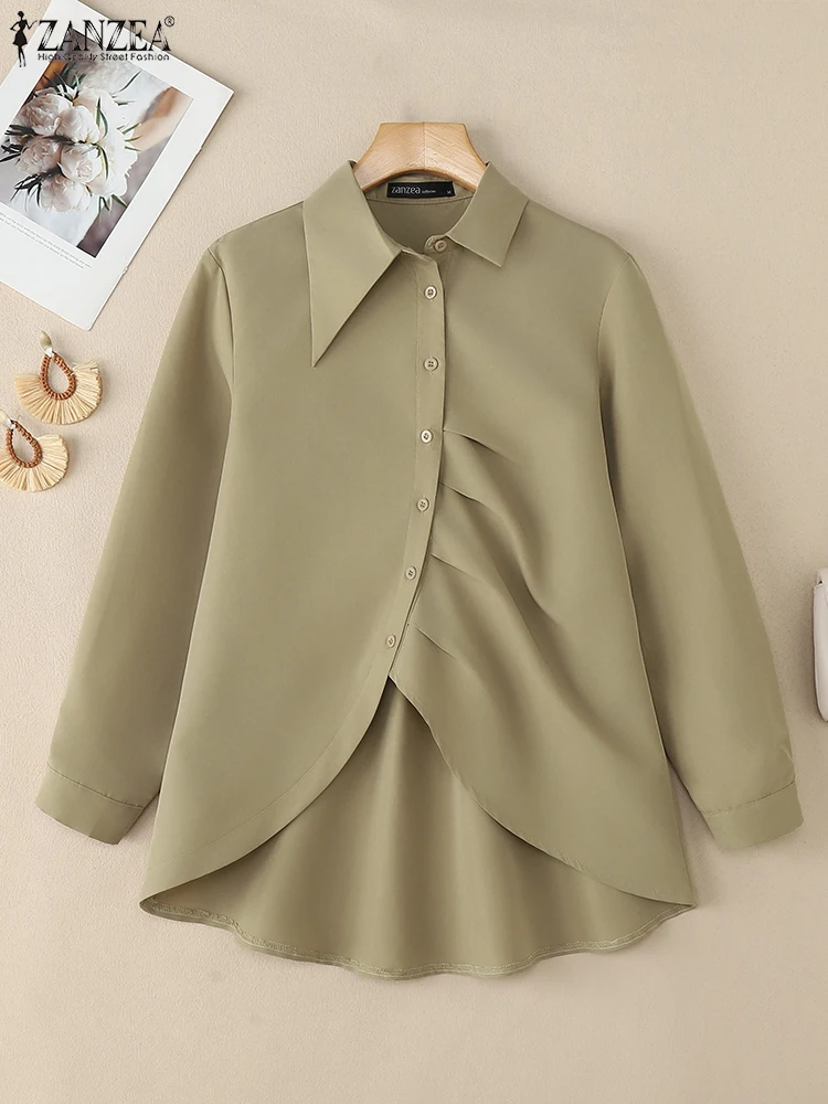 

ZANZEA, стильные рубашки с длинными рукавами и асимметричным дизайном, женские однотонные топы с отложным воротником, высокие низкие топы, осень 2023, S-3XL