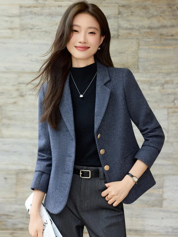 Gray Woolen Suit Jacket Women's Spring Autumn New Style Short Size Small Quality Casual Fashion Button Pocket Polyester Fiber