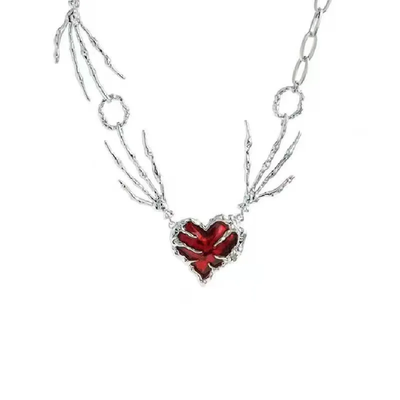 Gotische Totenkopf-Klauen-Herz-Halskette für Frauen, trendiger roter Kristall, Dornenliebe, übertrieben, dunkle Halsreifen, Accessoires, Modeschmuck – Detail 13