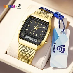 Relógio de pulso de quartzo impermeável masculino, Dual Time Week, Relógio esportivo dourado, Relógio digital, nova moda, casual, 3bar, L1030