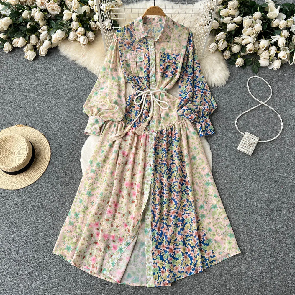 Chiffon Midi Kleider für Frauen 2023 Vintage Print Kleid vorne Knopf oben Taschen Revers Kragen Langarm Hemd Kleid mit Gürtel