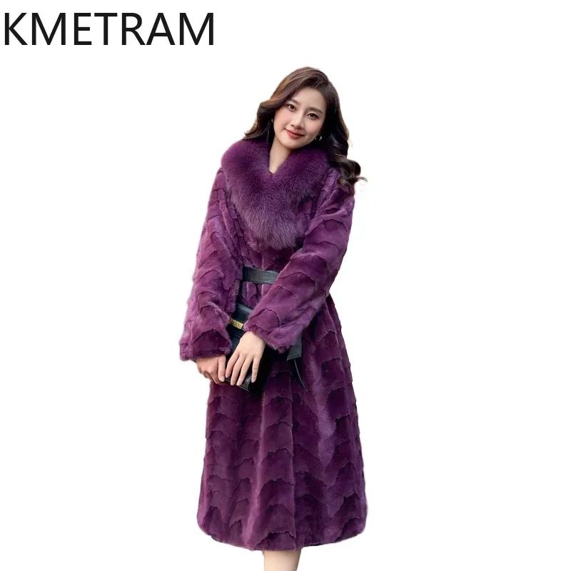 Real Mink Fur Coat Women Luxury Long Coats Winter Fashion Womans Clothing Fox Fur Collar Jackets Women’s 2025 Fourrures Femmes