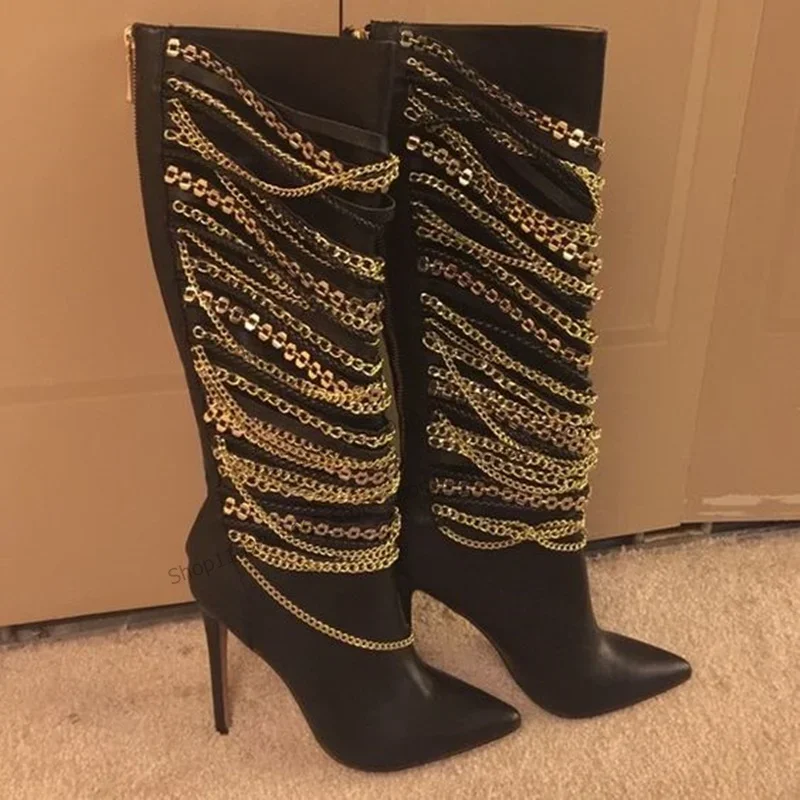 

Black Knee High Matte Leather Metal Chain Decor Boots Thin High Heel Women Shoes Pointed Toe 2023 Fashion Zapatos Para Mujere