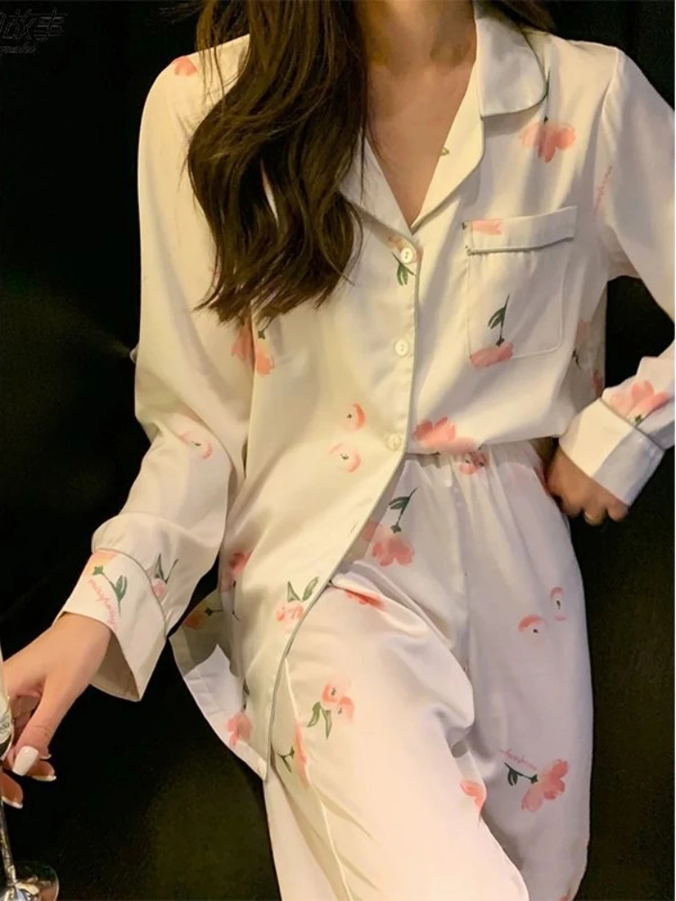 Women Sleepwear Set Spring Satin Long Sleeve Pajama Set Turn Down Collar Faux Silk Print floral Female Pijama Home Wear Clothes