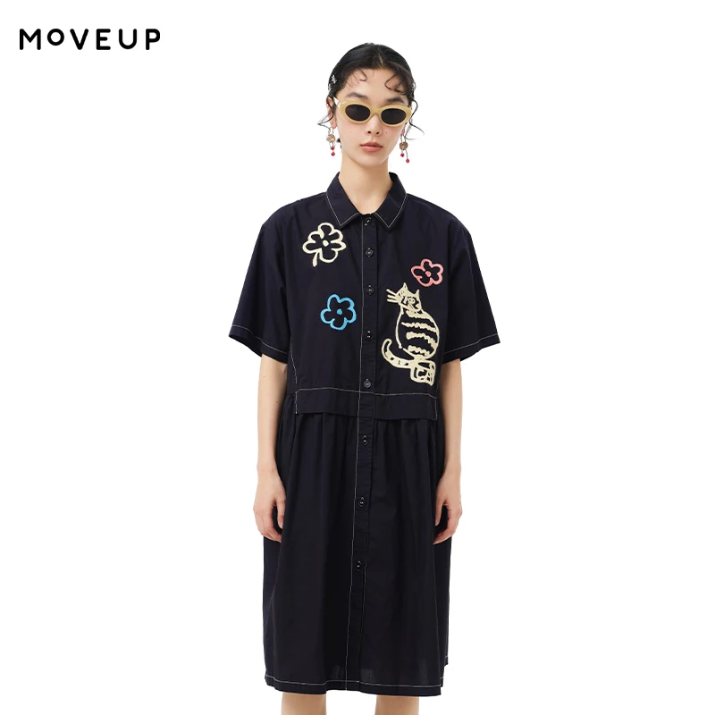 MOVEUP Short Sleeves Shirt Skirt 2026 Summer New Pure Cotton Drop Sleeves Contrasting Embroidered Casual A-Line Dress 325221357