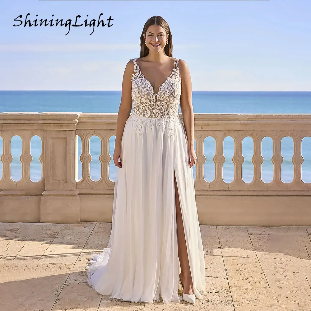 

ShiningLight Sexy Boho Wedding Dresses with Slit V-Neck Appliques Lace Plus Size A-Line Bridal Gowns for Women Customized