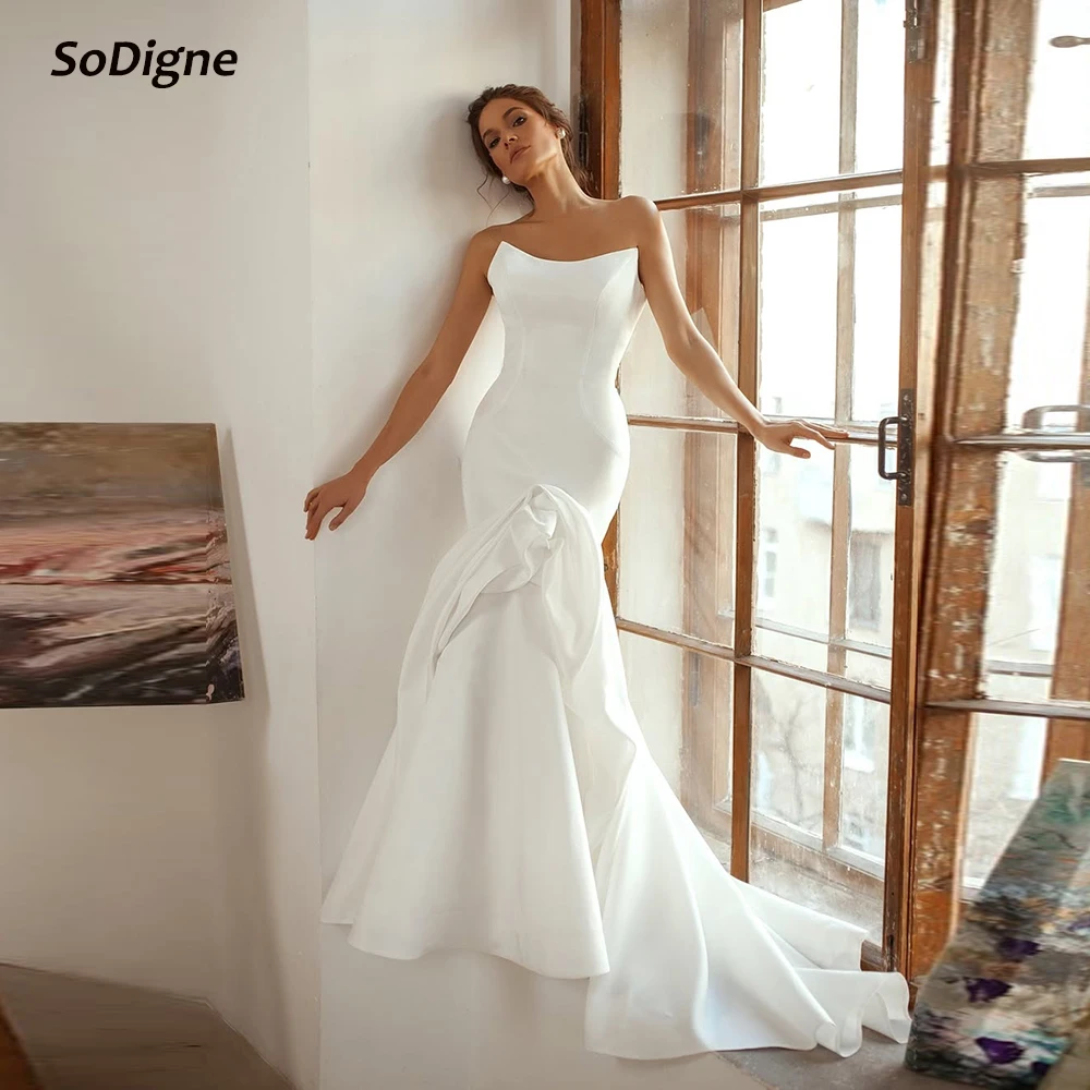 

SoDigne Mermaid Satin Wedding Dress Strapless Sleeveless Bride Dresses Women Long Bridal Gowns vestidos de novia Customized
