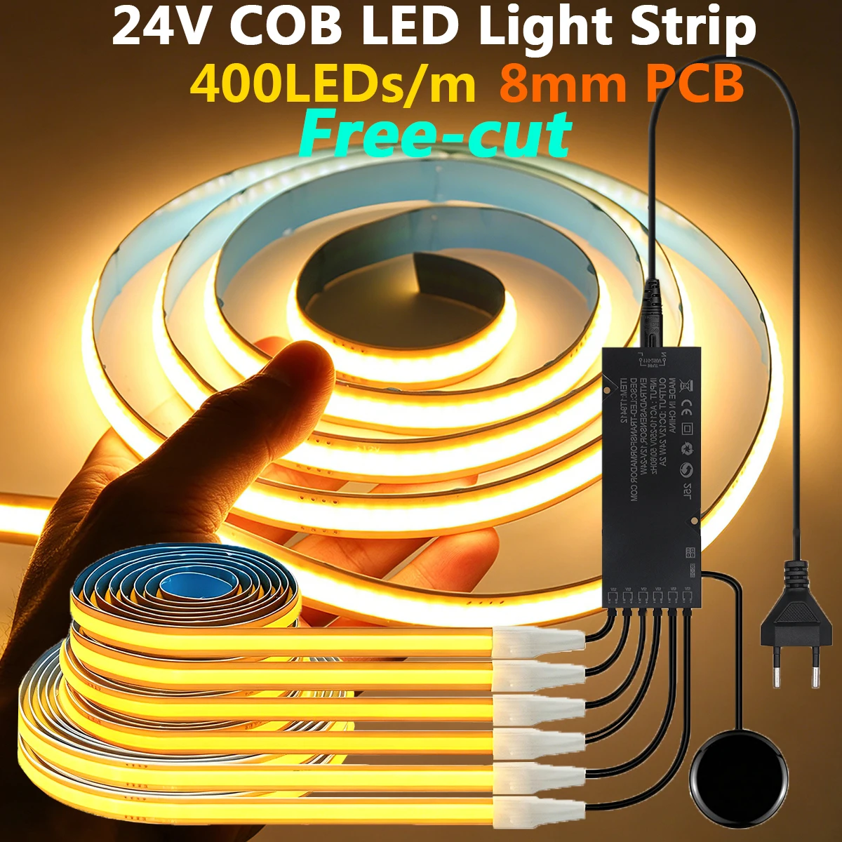 Under Cabinet 8mm PCB COB LED Strip Light Free-cut Display Closet Bookcase Wardrobe Lamp Penetrable Wood Dimmable Touch Sensor