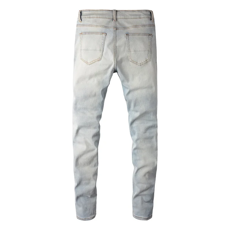 Herren Hellblaue Biker-Jeans mit Rissen, Falten und Patchwork-Design, Stretch-Denim-Hose, Streetwear, Löcher, Zerrissene Skinny-Hose – Detail 16