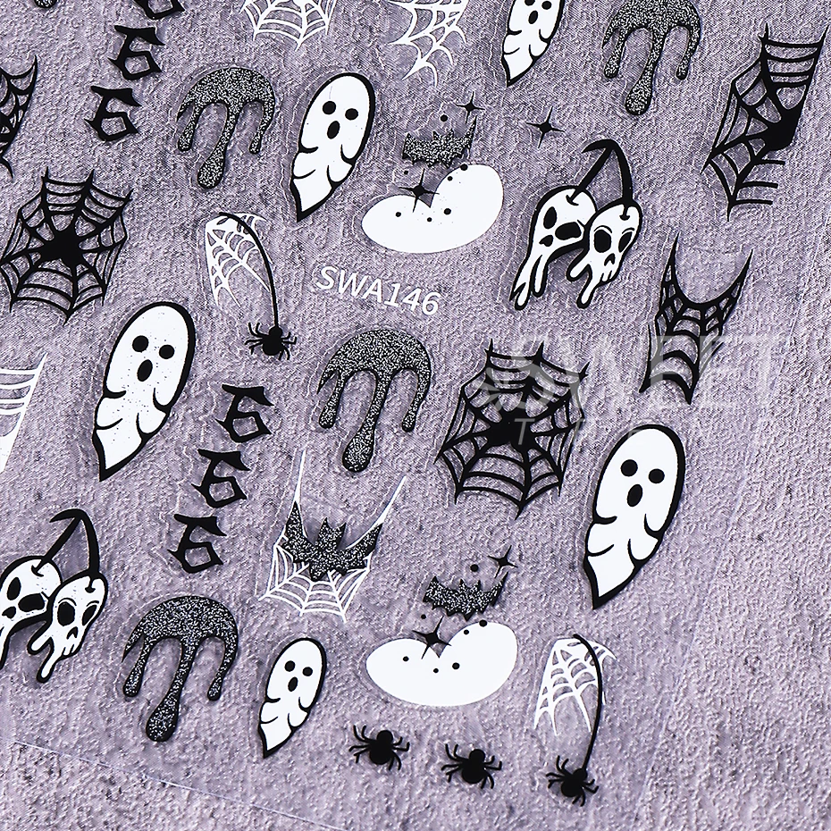 Autocollants adhésifs en toile d'araignée pour Halloween, 2 pièces, paillettes holographiques, chauve-souris fantôme étoile, accessoires de manucure à faire soi-même
