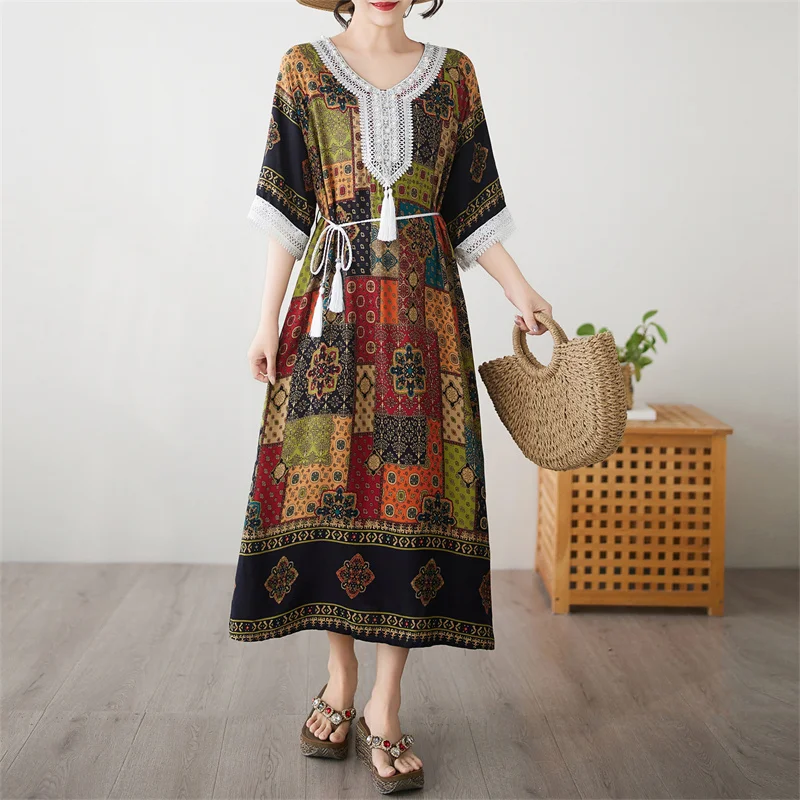 Boho Lace Cotton Linen Plaid Dress Women Robe Casual Vintage Ethnic Style Loose Beach Long Dress Maxi Summer Short Sleeve