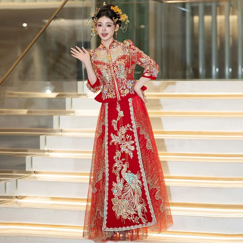 

Новый стиль с перевернутой короной Феникса и красного свадебного платья, сверхпрочная газовая юбка с тостом дракона