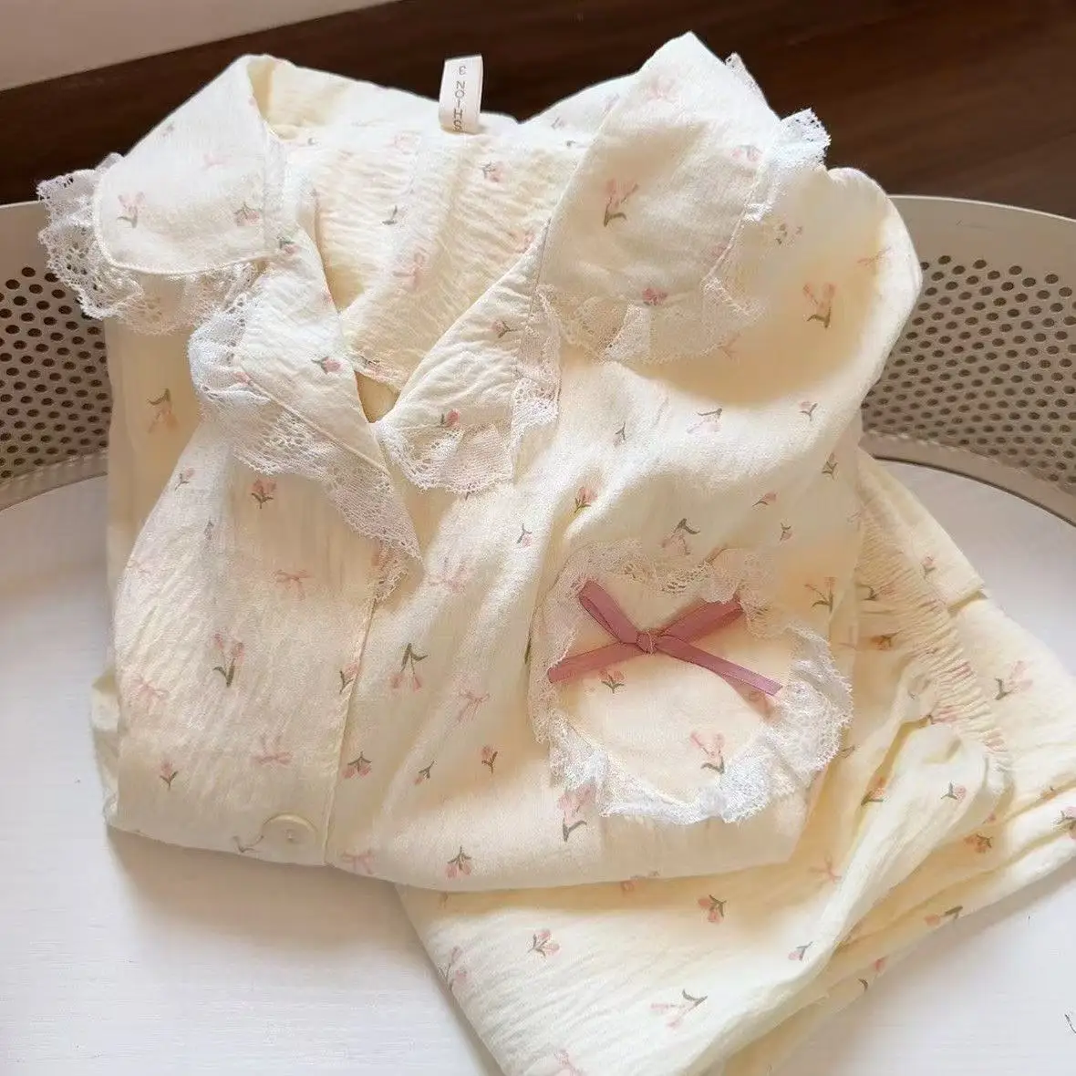 

Весенне-осенний комплект пижамы в стиле милой принцессы: кружевной кардиган с бантом из облачного хлопка, длинные рукава и брюки, женский милый домашний костюм