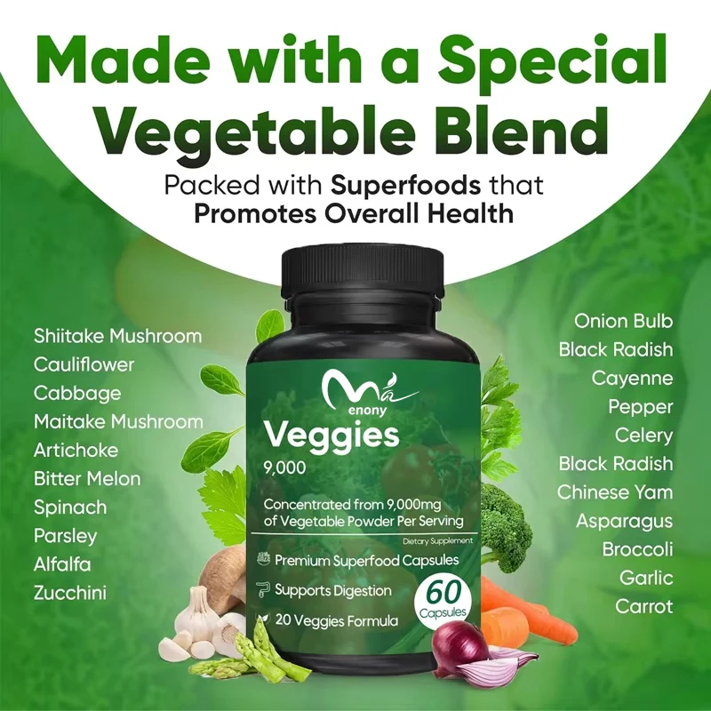 

Улучшите пищеварительную поддержку, иммунную систему, естественные антиоксиданты для овощей, 60 капсул из 20 супер овощей