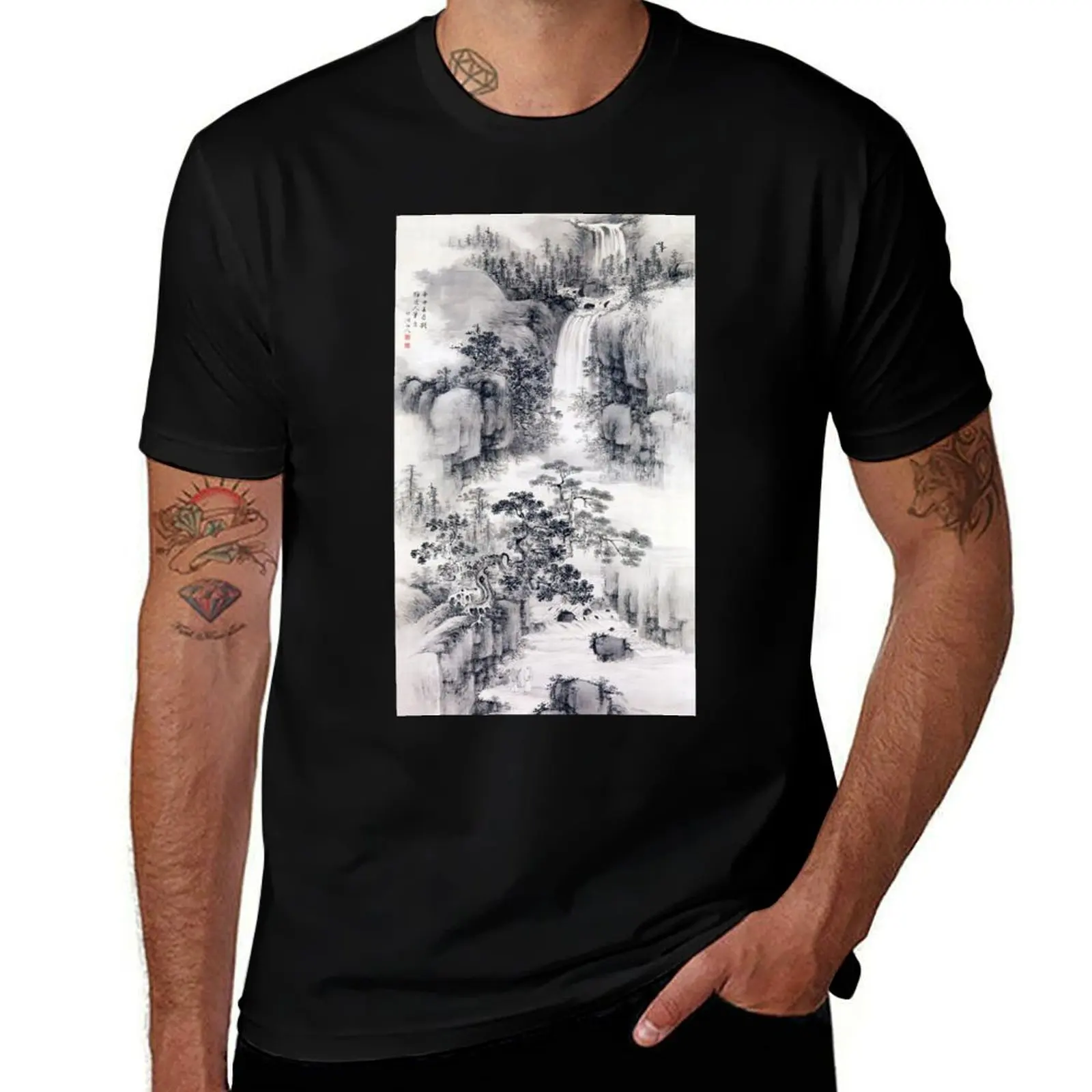 Landscape with Waterfall (Restored Japanese Artwork) T-Shirt Plus Size Short Sleeve T-Shirt