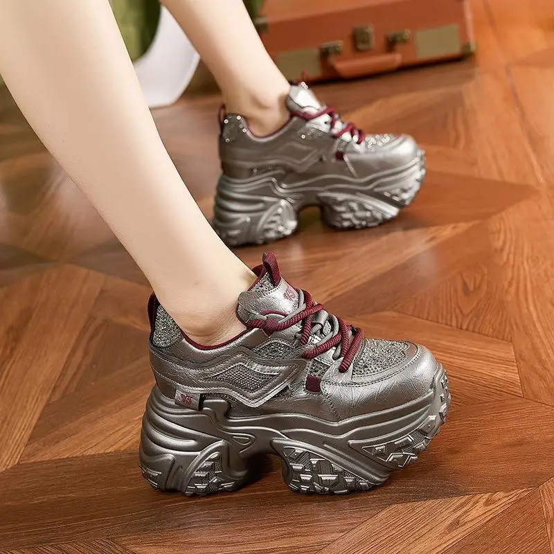

Thick Bottom Dad Shoes Women's New Style Diamond Warm All-Match Sports Shoes Leather Material Casual Style round Toe