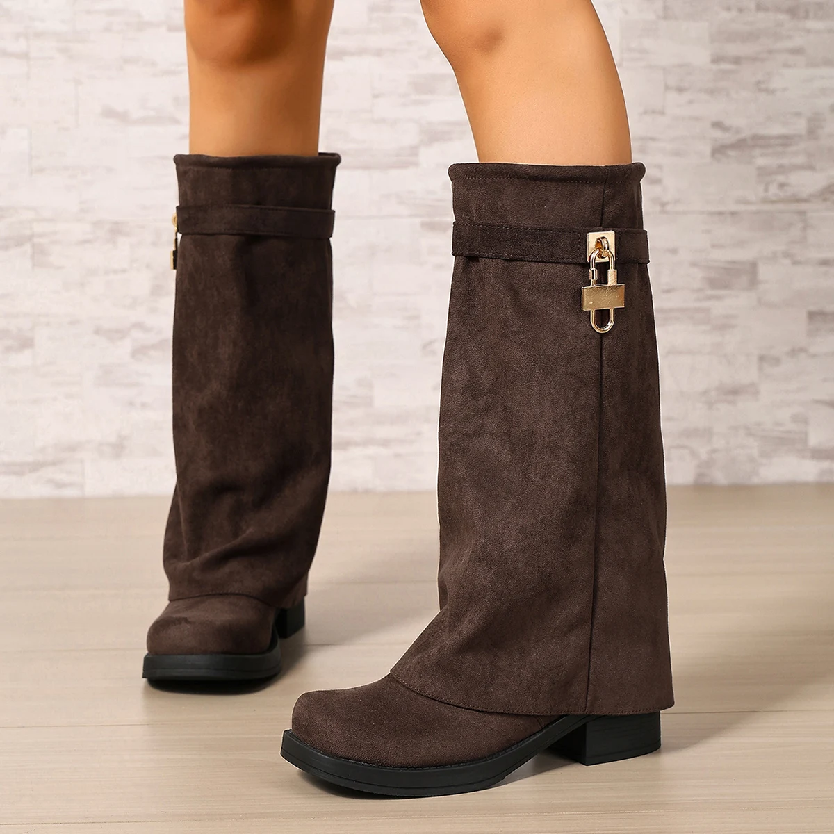 Women's Large Size Brown Heeled Long Boots, Fall/Winter Style, Mid-Calf Boots, Over-The-Knee Western Boots