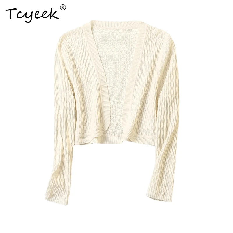 

Tcyeek 55% Mulberry Silk 45% Cotton Spring Summer Shawl Hollow Short Long Sleeved Black and White Cardigans Woman Gilet Femme