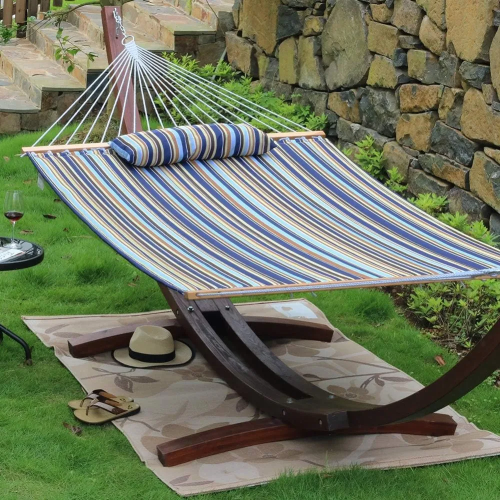 Tecido acolchoado Double Hammock com travesseiro, Barra de Espalhador de Madeira Pesada, Redes para Exterior, 450g Capacidade