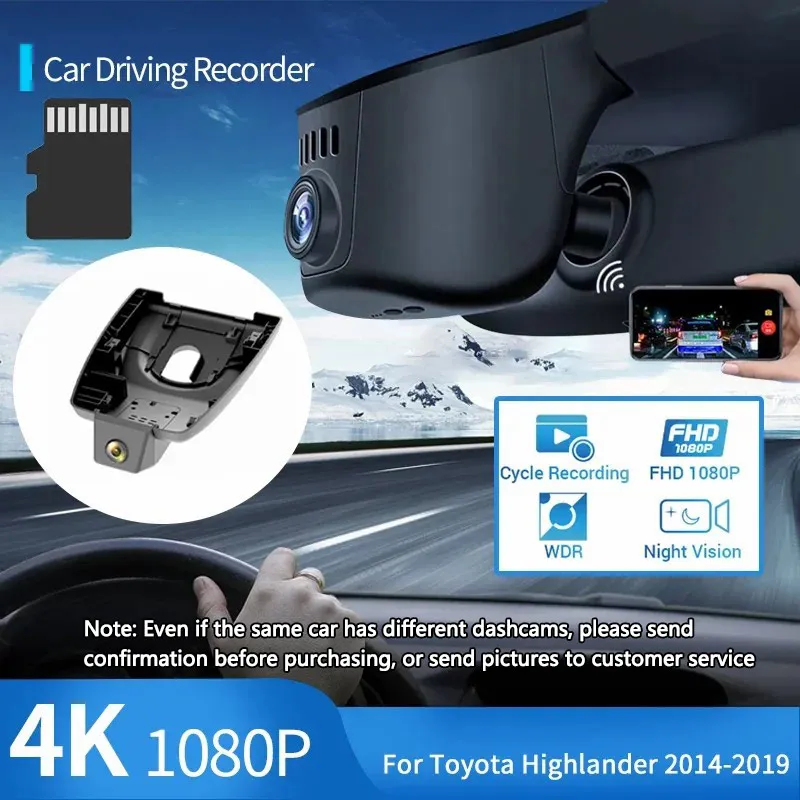 

Для Toyota Highlander Kluger XU50 2014 ~ 2019 2022 4K 1080P Wi-Fi DASH CAM Автомобильный видеорегистратор Видеорегистратор Аксессуары для камеры ночного видения