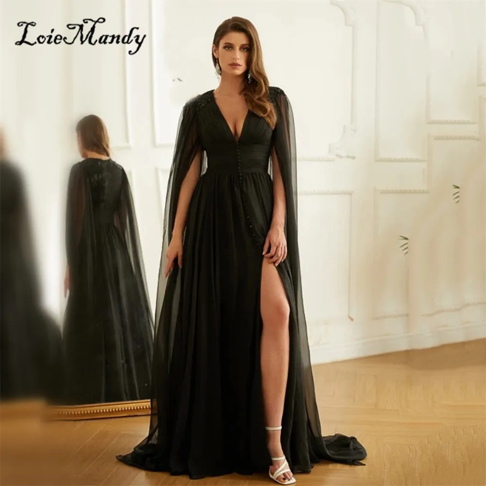 

High Side Split Black Prom Dresses Long Elegant Applique Lace Chiffon Evening Party Gowns For Women Plus Size Vestidos de noche