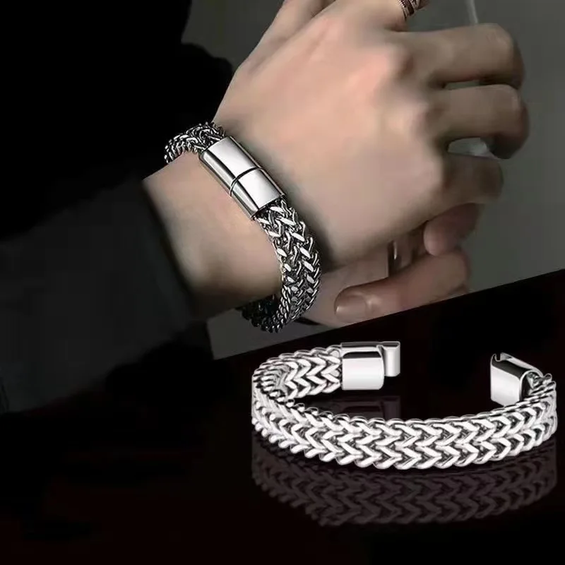 ZSQHET Stainless Steel Braided Double Row Front and Rear Fish Scale Alloy Magnetic Buckle Bracelet with Keel Jewelry