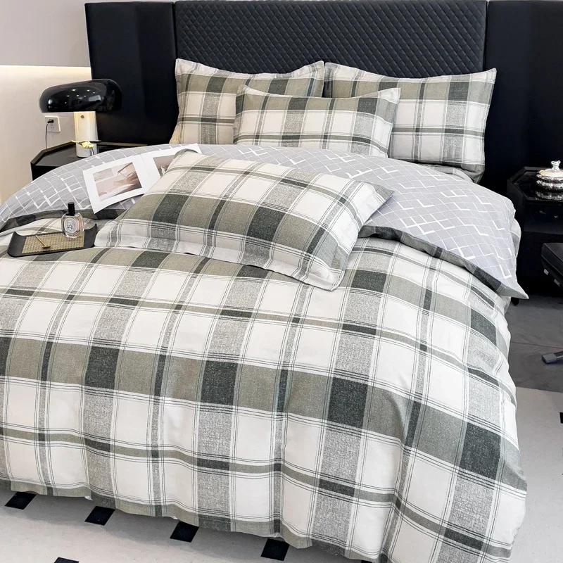 3 Piece Plaid Duvet Cover Cotton Modern Geometric Bedding Set with 2 Pillowcases, Soft and Breathable with Zipper for Men Women