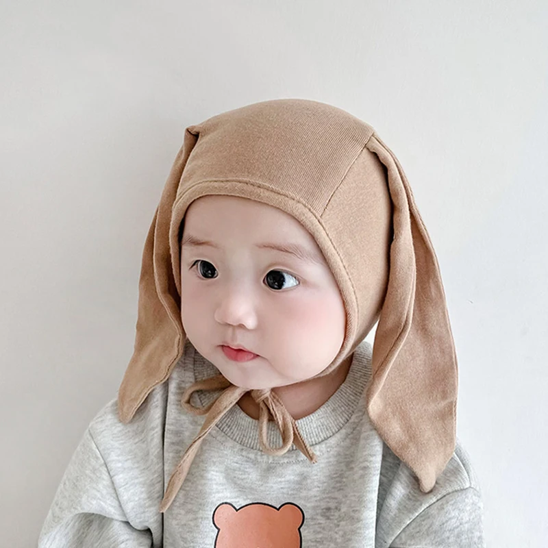 Korean Cute Cartoon Bunny Bear Ear Newborn Hat Beanie Spring Autumn Toddler Cap Turban with Strap for Infant Baby Boys Girls