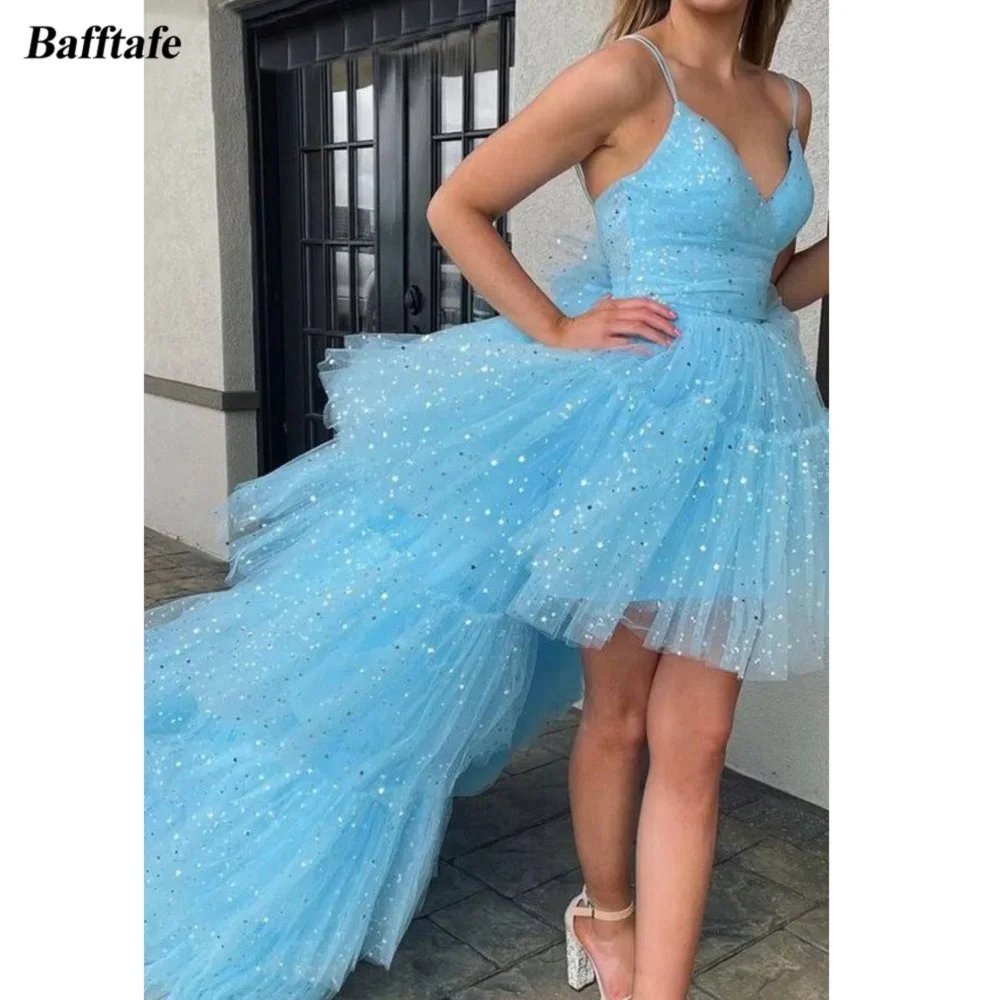 

Bafftafe Blue Starry Tulle Short Front Long Back Prom Dresses Tiered Skirt Lace Up Evening Gowns Formal Wedding Party Dress