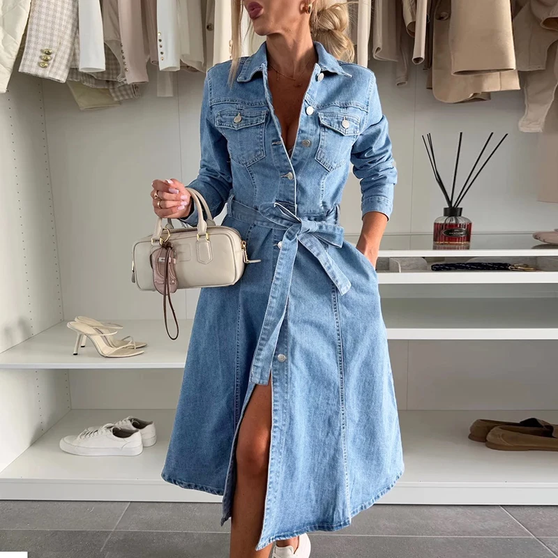 

New Casual Women Lapel Long Shirt Dresses Fashion Single Breasted Pocket Commute Dress Spring Solid Long Sleeve Denim Long Dress