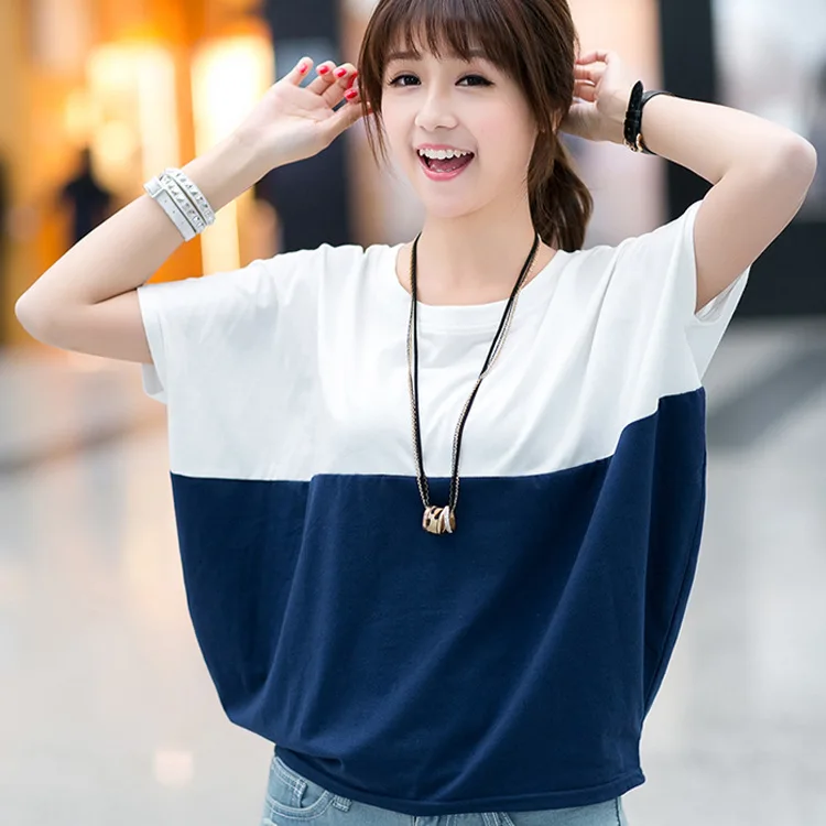 T Shirt Women 2022 Tshirt Vintage Summer Short Sleeve Pactchwork Color Sale Cotton T-shirt Batwing Ropa Mujer WBX5849