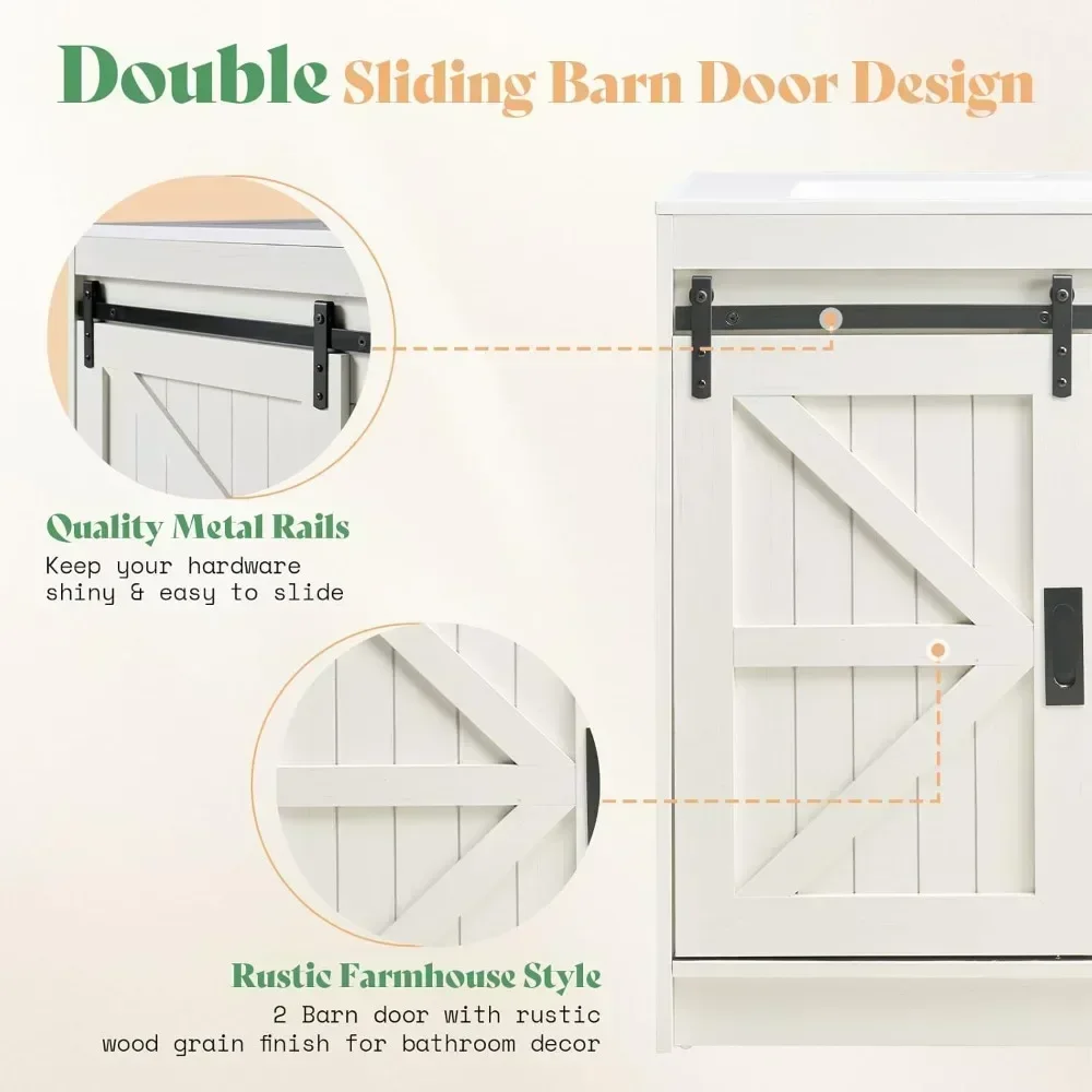 Double Farmhouse Bathroom Vanity With Sink, 60in Sliding Barn Door Bathroom Storage Cabinet, Large Double Bath Vanity Sink Combo