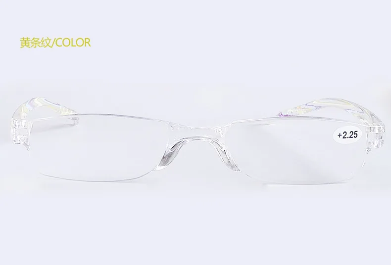 +1,0 ~ +4,0 Tragbare Weitsichtbrille Unisex Ultraleichte Lesebrille Rahmenlose Lesebrille aus Kunstharz mit halbem Rahmen – Detail 15