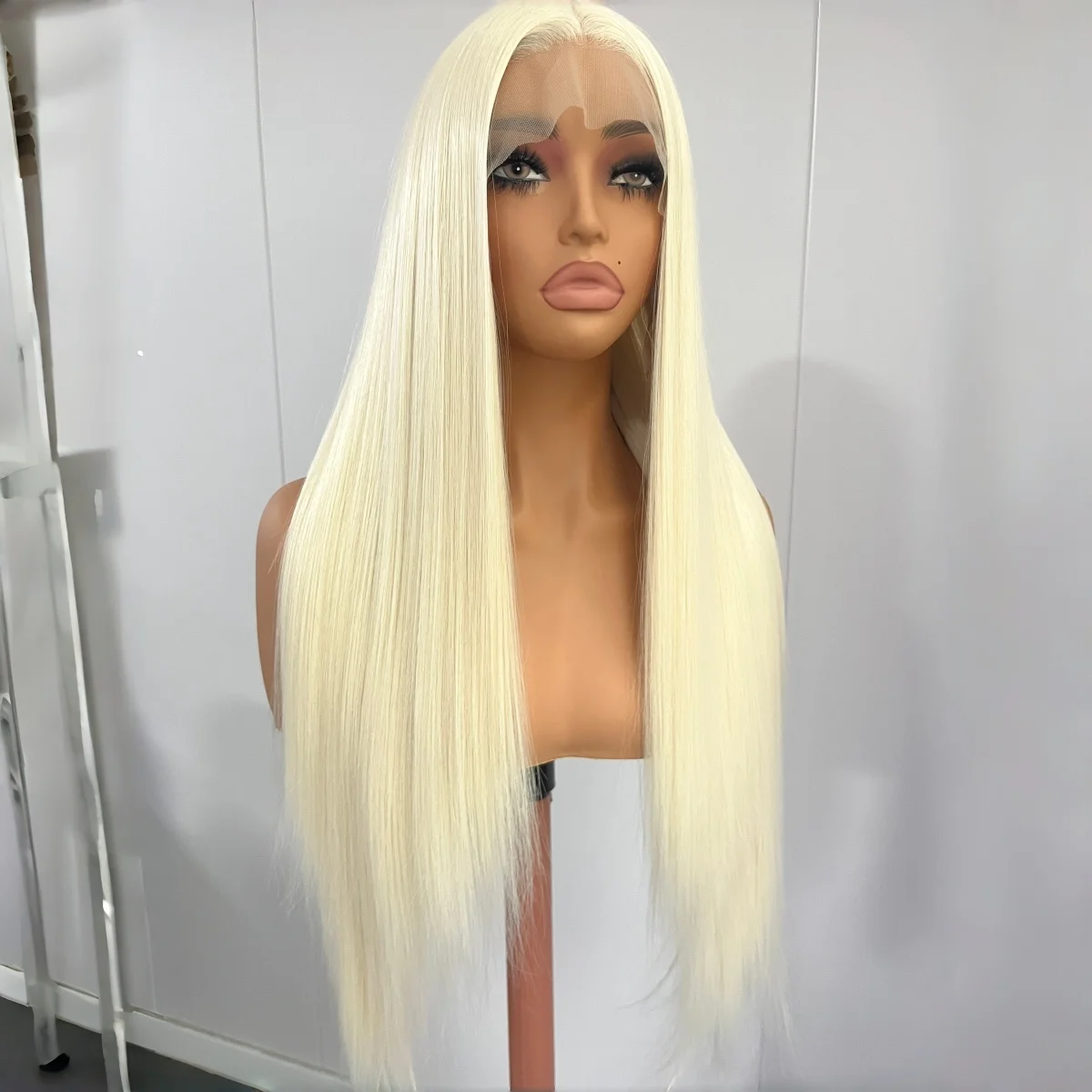 Platinum Blonde Long Straight Synthetic Hair Middle Part Natural Hairline Lace Front Wigs for Women Daily Party Heat Resistant
