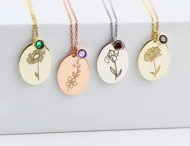 Silver Birth Flower Necklace • Birthstone Necklace • Custom Necklace • Custom Flower Necklace • Personalized Flower Necklace • B