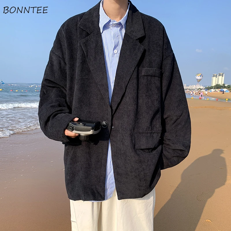 

Осенние мужские винтажные вельветовые пиджаки с карманами в стиле Харадзюку, пальто с отложным воротником BF, свободные костюмы на одной пуговице, Masculino Chic