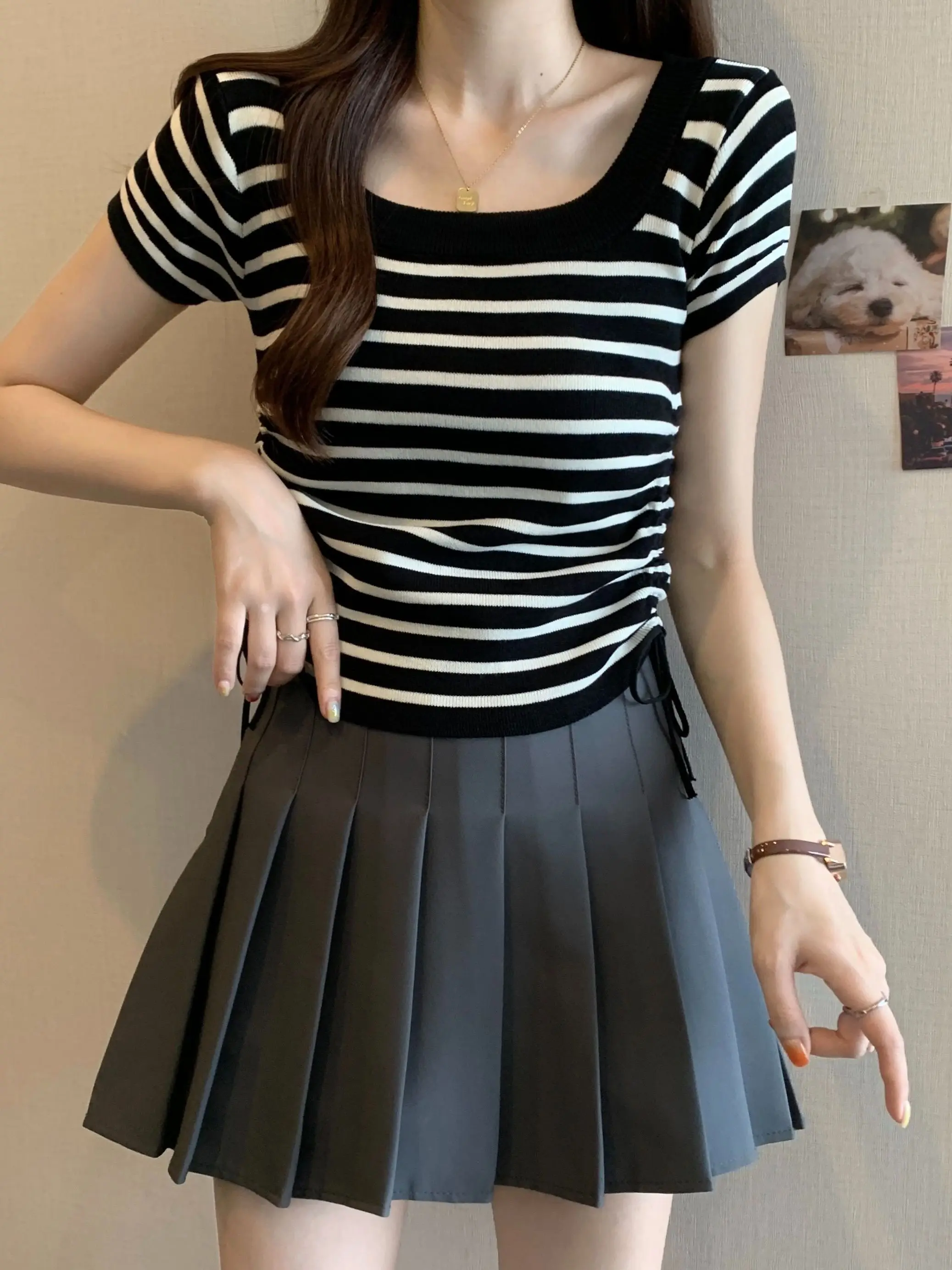 

Летняя тонкая вязаная футболка с коротким рукавом для женщин, приталенный полосатый топ с цветовыми блоками для комплекта с юбкой, модный повседневный стиль