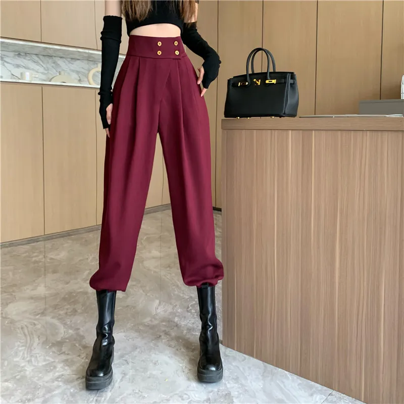 

Spring Autumn Women Long Casual Harem Pants Korean Style Fashion High Waist Buttons Khaki Black Cargo Trousers