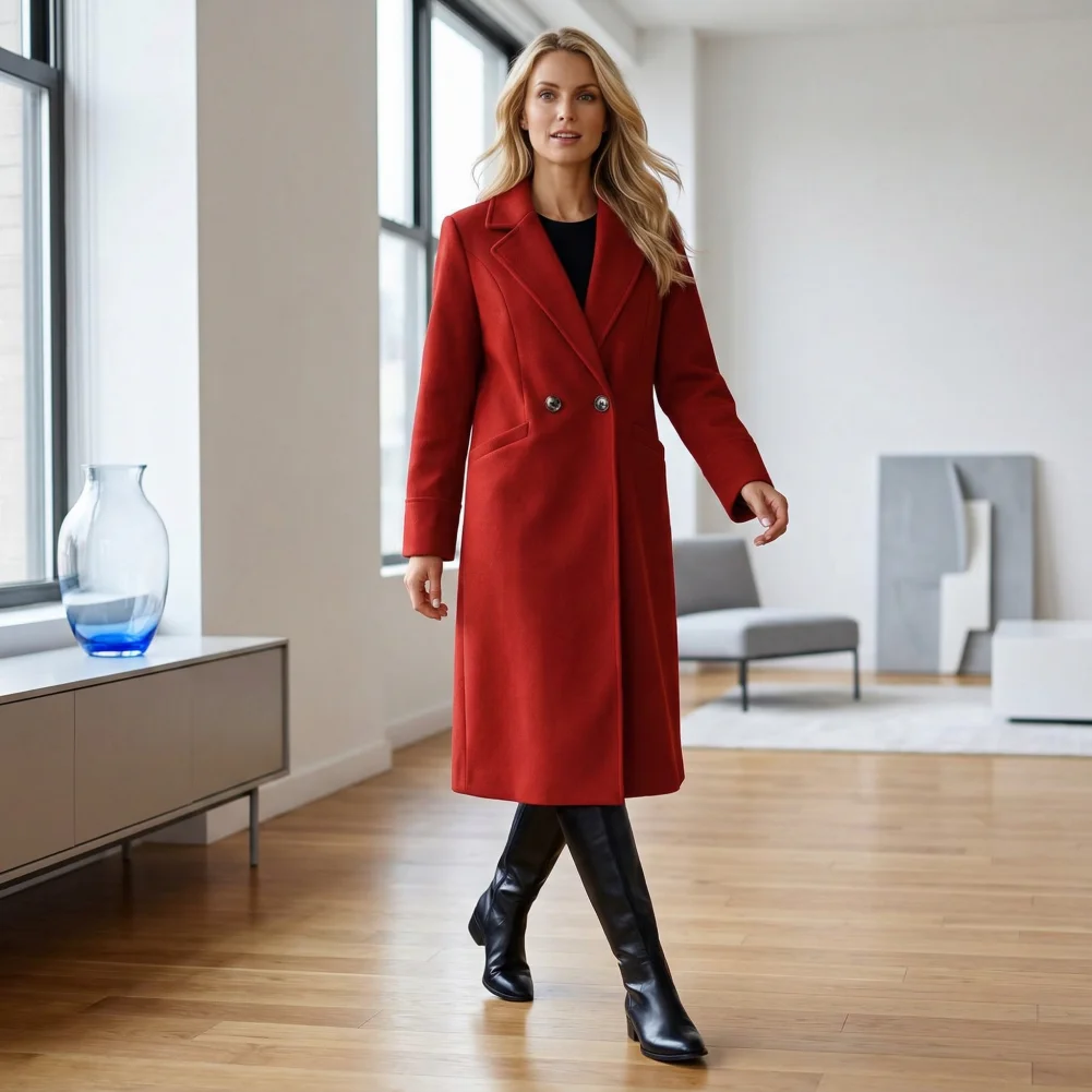 2026 Women Wool Coat Warm Winter Jacket Women's Wool Blend Midi Coat Classic Notch Lapel Overcoat Single Breasted Pea Trench for