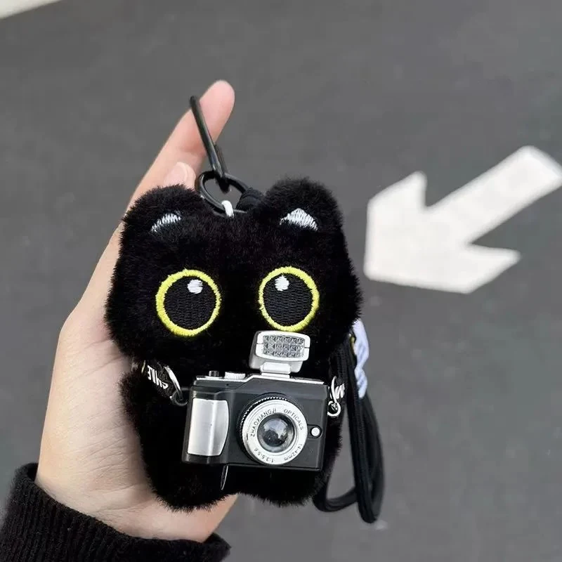Creative Cute Camera Black Cat Plush Doll Pendant Keychain Backpack Hangings Decoration