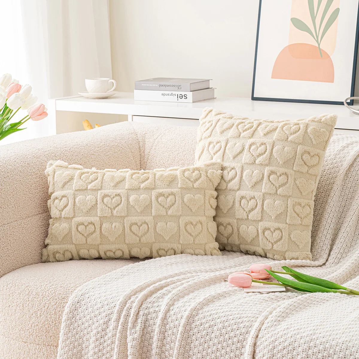 Red Valentines Day Decorative Throw Pillow Covers Cute Love Heart Cushion Cover 18x18Inch Faux Fur Pillowcase for Sofa Couch