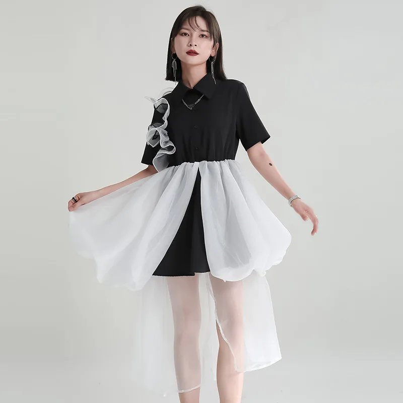 Zhongchuangrizhen 2024 summer new contrasting color shirt dress fake two loose and thin patchwork gauze dress