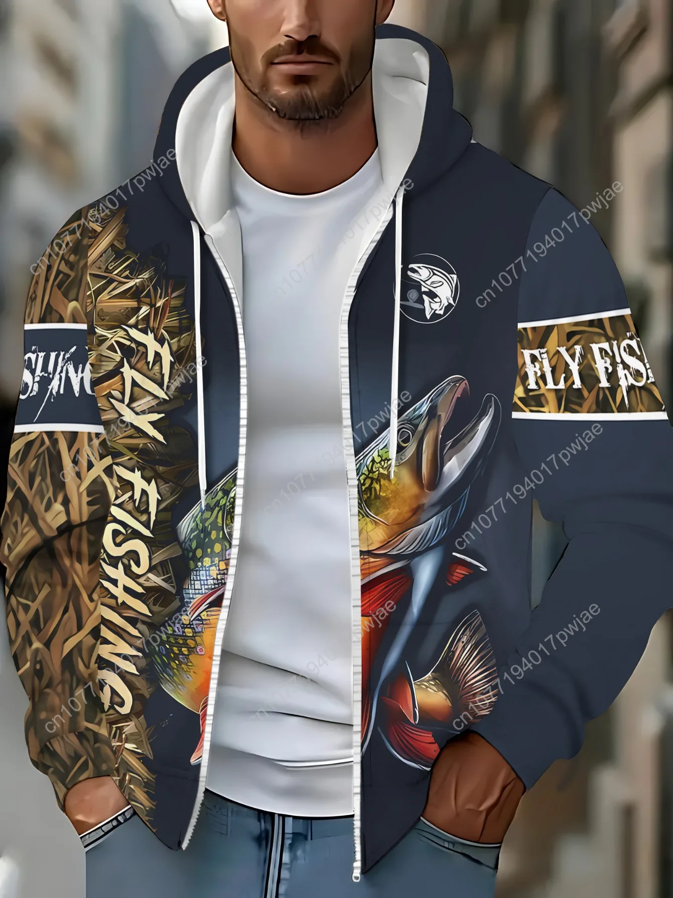 [Mapie temático de pesca] Moletom masculino de poliéster durável com tema de pesca – Azul marinho com estampa de peixe vibrante, leve e confortável